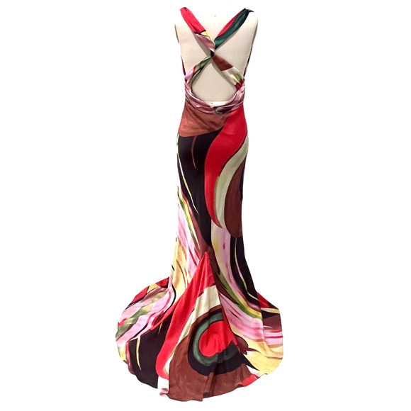 VTG Y2K Akira Satin Multi color Halter Dress Long flowy Size Medium - Picture 4 of 10